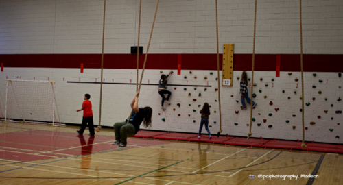 5 children playing on a rock-climbing wall and rope swings in a school gymnasium