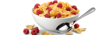 A bowl of cereal with flakes and red berries and a spoon.