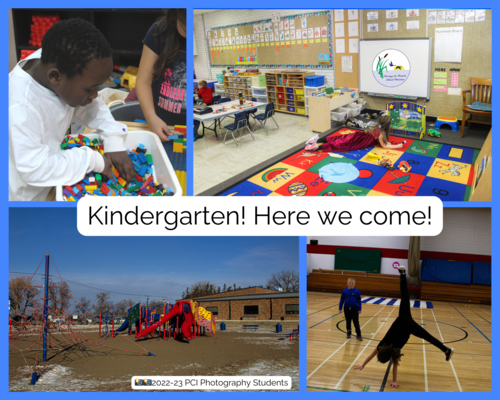 a collage of 4 kindergarten pictures; aa playground setting in the snow; child reading on a mat, a child cartwheeling in a gym and a student digging through a tub of blocks.