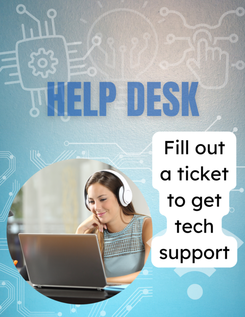 woman  wearing headphones sitting at a computer advertising the Help Desk support link