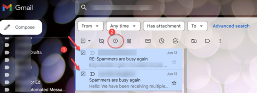 image of Gmail account with  1.arrows pointing to select Gmail and 2. arrow pointing to the "report spam" button