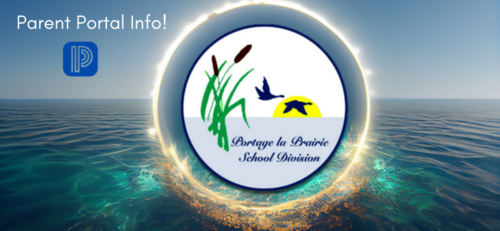 A graphic with the title 'Parent Portall Info!' featuring the PLPSD logo inside a portal symbol. The PowerSchool logo is also present. The background shows a serene scene of sky and ocean.