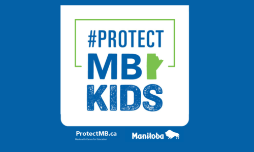 decorative sign- says #protect Manitoba kids and has an outline of the province of Manitoba