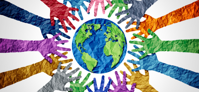 A variety of colourful hands encircle a globe encouraging viewers to be global digital leaders.