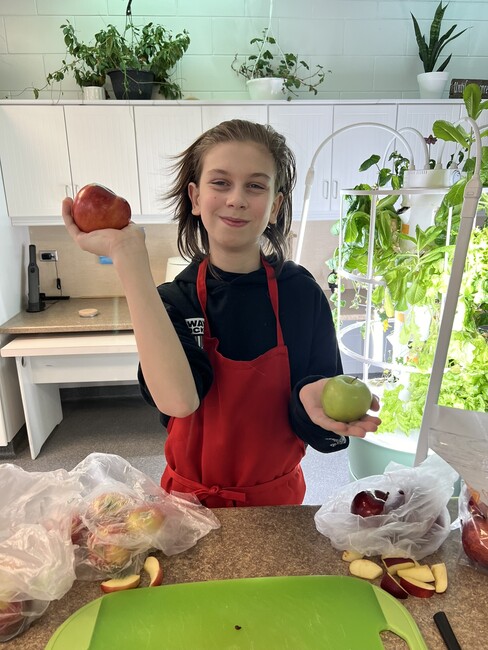 Student showing different apples in Human Ecology class