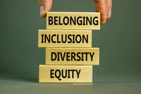 picture with the words belonging, inclusion, diversity and equity written on blocks