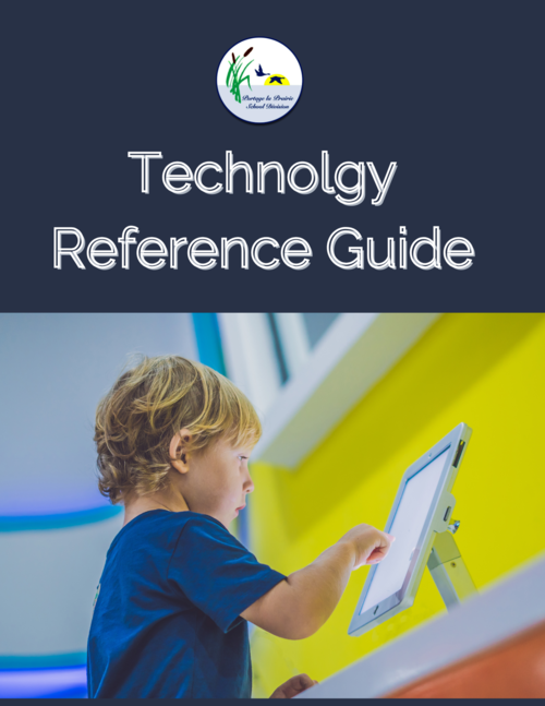 title page for 2034-24 Technology Reference guide; PLPSD logo, blue background and child using a device.