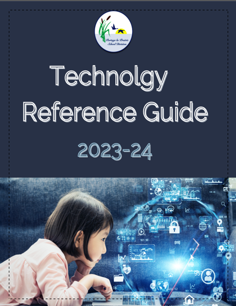 title page for 2034-24 Technology Reference guide; PLPSD logo, blue background and child using a device.