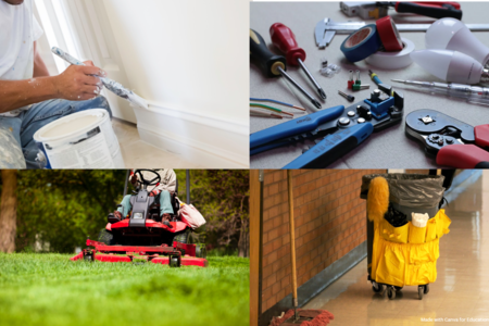 variety of tools; bus, painter, lawn mower and custodian cart