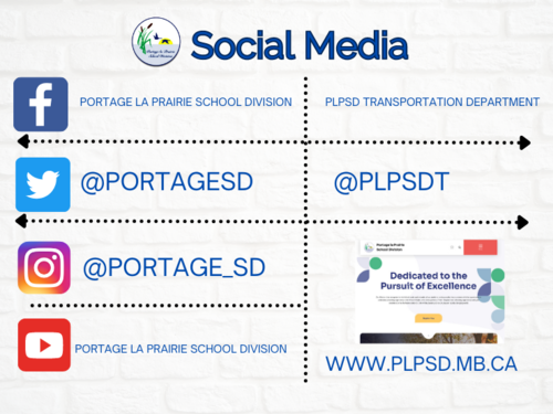 Icons of Facebook, Twitter, Instagram, and YouTube with PLPSD social media handles.